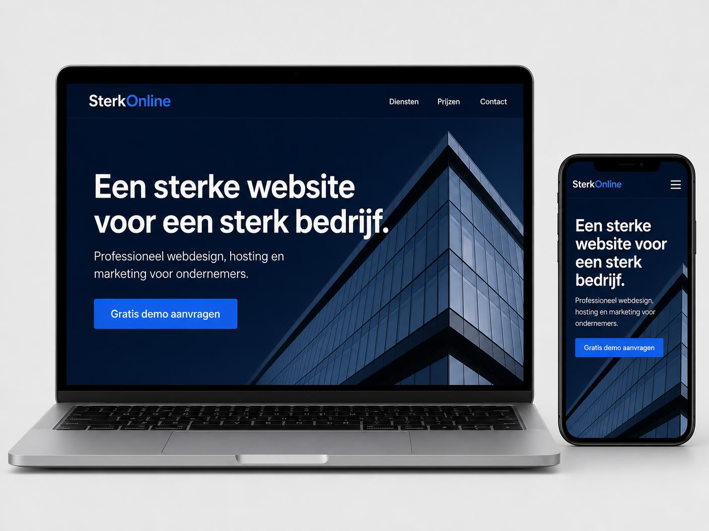 Professionele website van SterkOnline weergegeven op een laptop en een smartphone